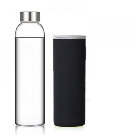 Karaf 420 ml med ærme og låg i rustfrit stål - Lækagesikker hætte, genanvendelig, perfekt til rejser og opbevaring af drikkevarer, juice, sort