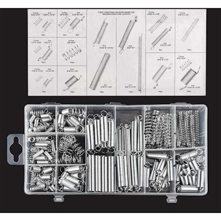200 stk. Fjederassortiment Trækfjeder Forskellige små træk- og trykfjeder med opbevaringsboks