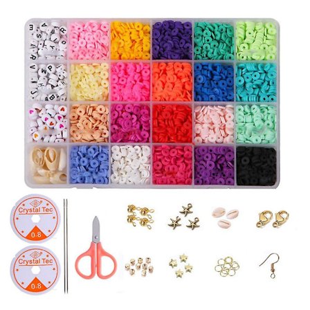 Flat Round Polymer Clay Spacer Beads Kit Charms Elastisk sträng Hummerlås Box