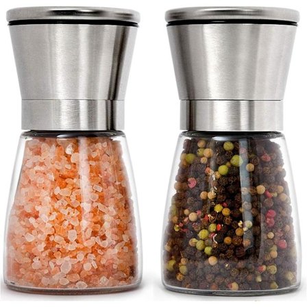 Premium salt- och pepparkvarn i rostfritt stål om 2 - Justerbar keramisk havssaltkvarn och pepparkvarn - Salt- och pepparkvarn i glas - Pepp