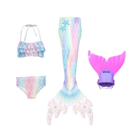 Havfrue tredelt sett (med finner) - havfruehale, egnet for barns monofin svømming, barns badedrakt, egnet for barns bursdagspresenter