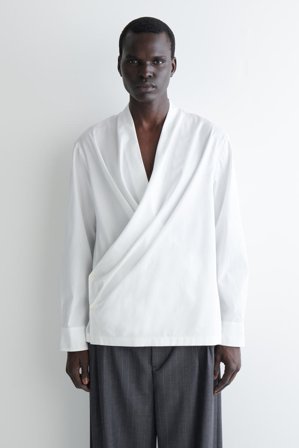 COS Men's Relaxed Cotton-Silk Wrap Shirt in White