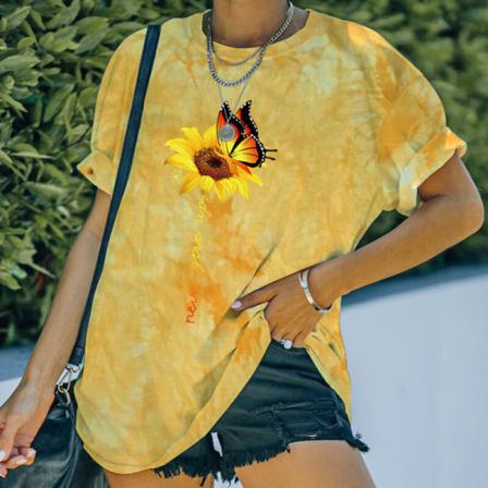 Dam Sunflower Butterfly Print Tunika Blus Crew Neck Tee