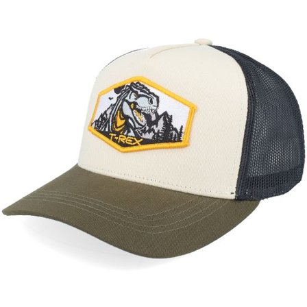 Kiddo Cap - Grön trucker Keps - Kids T-rex Orange Patch Ivory/Black/Dark Mesh A-Frame Trucker @ Hatstore