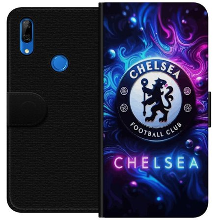 Kompatibelt Lommeboketui til Huawei P Smart Z Chelsea Football Club logo med blått og lilla neonlignende røykemønster i bakgrunnen