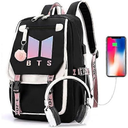 Kpop BTS Skolesekk Merchandise, Funksjoner USB og Lydkabel Grensesnittbrytere, Egnet For Studenter, BTS Laptop Sekker og Casual Sekk