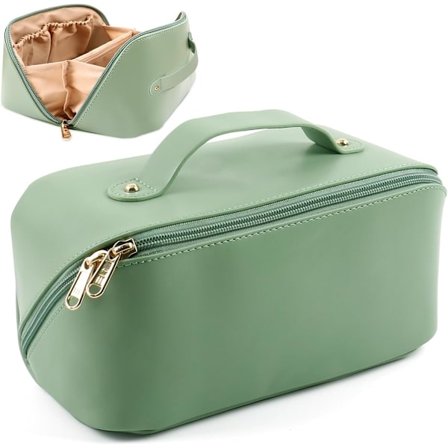 Kosmetiktaske med stor kapacitet, kosmetikopbevaringstaske med håndtag, bærbar kosmetiktaske med lynlås, toilettaske Grøn