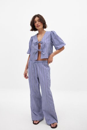 NA-KD Raka byxor i bomull med mellanhög midja - Sommarset - Rutig - EU 32