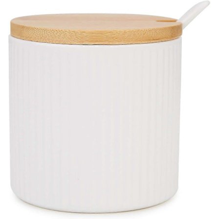 Keramisk Sukkerskål, Sukkerbeholder med Trelokk og Porselensskje 250ml i Stripete Design, Matt Turkis Matt V