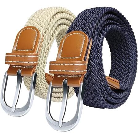 Damebælte x 2 stk. (beige og marineblå) - Elastisk bælte til kvinder, jeans og bukser til damebælte, slankt lærreds bælte, 120 cm langt og 3,3 cm 