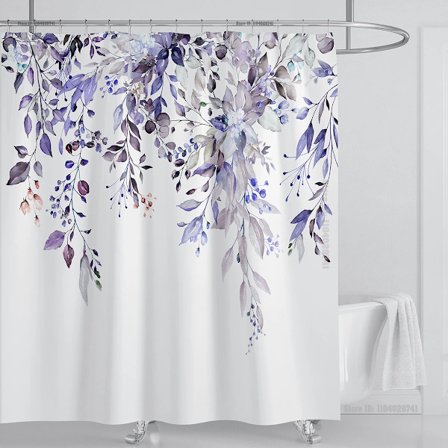 Smaragdgrön Eukalyptus Duschdraperi Tyg, Sammanlänkande Växtblad med Blommigt Duschdraperi Set med Krokar, B180xH220cm