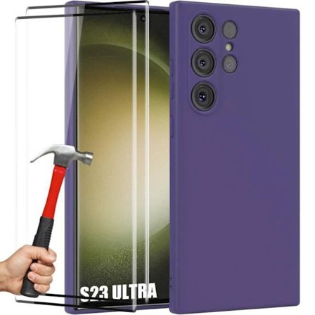 Fodral till Samsung Galaxy S23 Ultra - Ultra Slim Flytande Silikonskydd Mörklila + 2 härdade glasögon