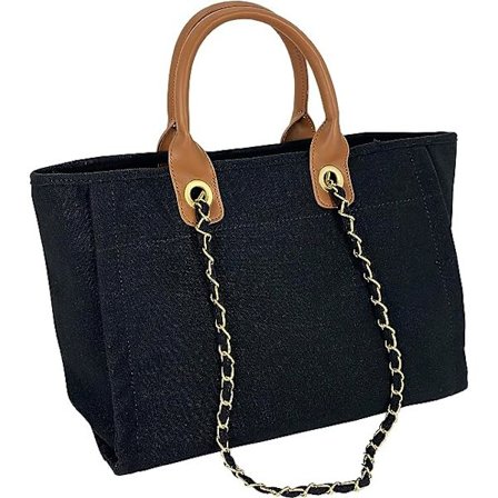 Dam Canvas Satchel Handväska Axelväska Toteväska Med Kedja Svart