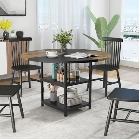 COSTWAY Rund Matbord i Trä 119 cm för 4-6 Personer - Tvåfärgad Design med Block, 2 Hyllor & Metallben