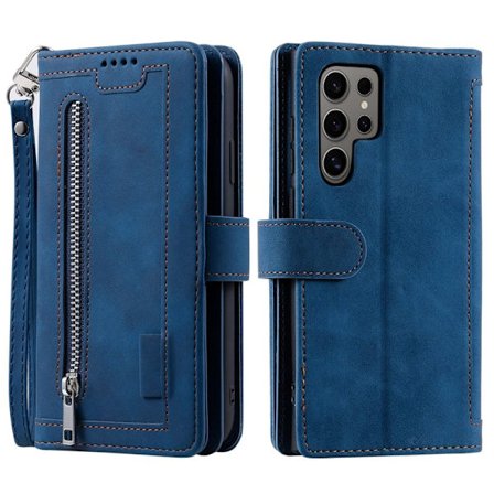 Samsung Galaxy S26 Ultra Plånboksfodral 9 Kort Platser Dragkedja Konstläder Blå