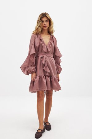 NA-KD Long Sleeve Ruffle Mini Dress - Flæsekjoler - Lyserød - EU 38