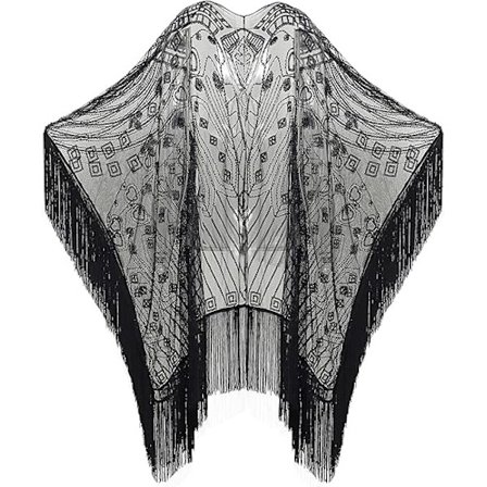 1920-tals paljettbroderad sjal med fransar, kvällssjal för bröllop, svart 15 cm