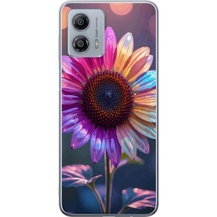 Kompatibelt Mobildeksel til Motorola Moto G53 Irideserende blomst med glitrende kronblad i rosa lilla og gull mot myk bokeh bakgrunn