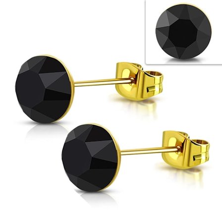 Stiftörhängen Stud Örhängen i Kirurgiskt Stål 316L i Guld Färg med Rund Svart Swarovski Kristall – 4 mm