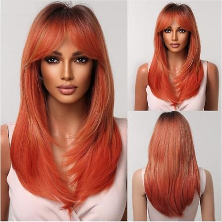 Orange Kobberrød Gul Syntetisk Parykker Lang Bølget Ingefær Paryk Med Pandehår Til Kvinder Naturlig Cosplay Body Wave Varmebestandigt Hår(LC2068-2)