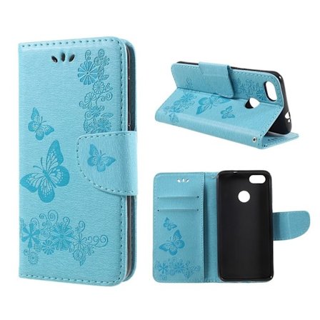 Huawei P9 Lite Mini imprinted sommerfugl Blomster PU læder flip etui - blå