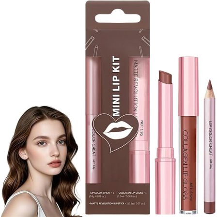 3-pack Matt Läppstiftskit, Matt Flytande Läppstift & Läppglansset, Långvarigt Läppstift, Nude Läppstift & Läppenna