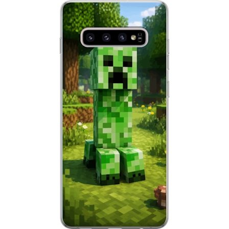 Kompatibelt Mobilskal till Samsung Samsung Galaxy S10+ Block-baserad Creeper-figur i en grön pixell värld, ikonisk spelillustration för barnrum, ga