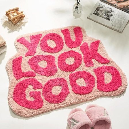 You Look Good -kylpyhuonematto, vaaleanpunainen, söpöt kylpyhuonematot tytöille, hauska, funky matto, makuuhuone, vaaleanpunainen, preppy kylpyhuoneen