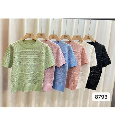 Stickad T-shirt Topp med rund hals BLÅ