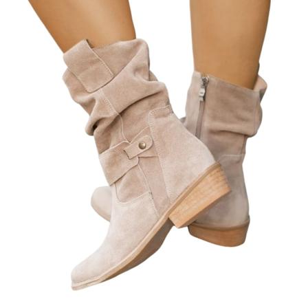 Kvinnors höst och vinter sida blixtlås Låga stövlar Elegant mocka rund tå Casual låga klackar APRICOT 39