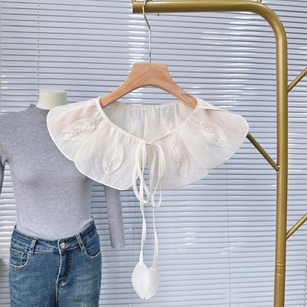 Organza Broderi Aprikos Löv Krage Tofs Strap Krage VIT