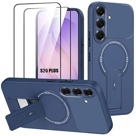Cover til Samsung Galaxy S26 Plus, med magnetisk cirkel og mørkeblå støtte - 2 hærdede glas
