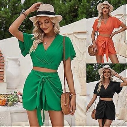 2-delade set för kvinnor, avslappnad sommar lounge set, toppar med korta ärmar och shorts med elastisk midja, strandparty-dräkt (XL Svart)