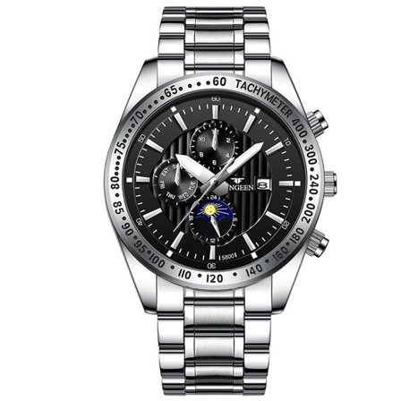 Vanntett armbåndsur - sølvfarget armbånd med svart-bakgrunn og sølvfarget ramme