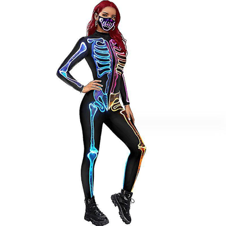 Halloween Skelet 3D Print Vampyr Kostume Kvinders Knogle Skalle Skinny Catsuit Jumpsuit M