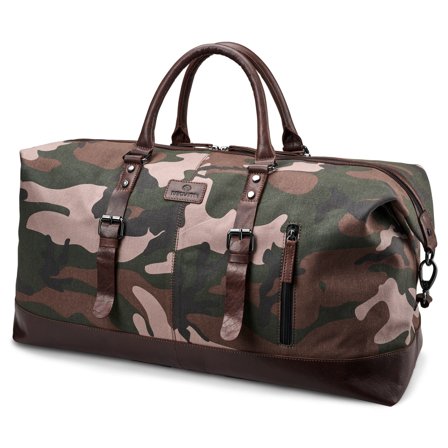 Bolso deportivo de lona de camuflaje con estampado de hojas y piel de búfalo para hombres - Bolsas de viaje