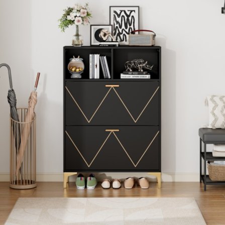 Skoskab med 2 hængslede låger og 4 skorum, 80x117 cm, med hævede bordben, MDF/metal, skænk