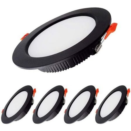 7W LED-downlight dimbar svart extra platt 5-pack, vitt ljus 6000K, utskärning 80-90mm, för badrum, kök, vardagsrum, hall