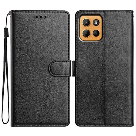 Læderetui med pung og stativ til Motorola Moto G15 4G med praktisk rem - Sort