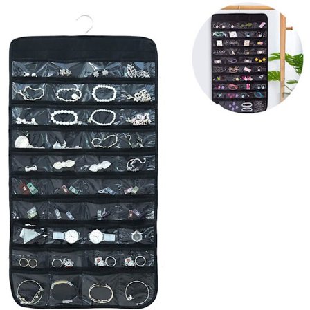 Ripustettava korujärjestäjä, kaksinkertainen puoli, 80 läpinäkyvää taskua, seinälle kiinnitettävä korujärjestäjä korujen, korvakorujen, kaulakorujen, 