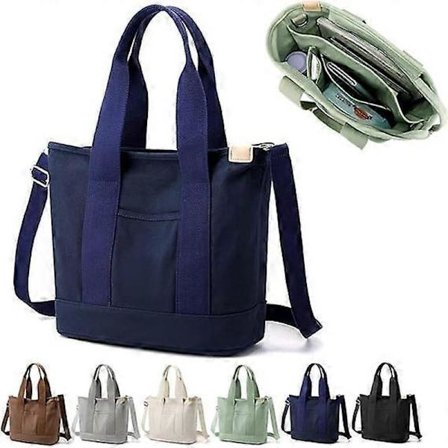 Multi-Pocket Tote Taske med Lynlås, Canvas Håndlavet Håndtaske med Rum, Multifunktionel Taske til Kvinder Damer Universitet Skole Arbejde Rejse