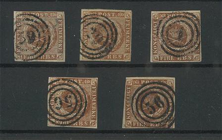 Danmark - AFA 1 stemplet Thiele III, 5 stk.