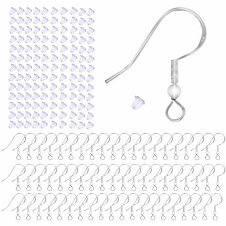 100 stk. 925 Sterling Sølv Ørekrog, Ørestikker Fund Hypo-Allergeniske Smykkekroge DIY Øreledninger med 100 Gennemsigtige Gummi Ørestikker Bagsider