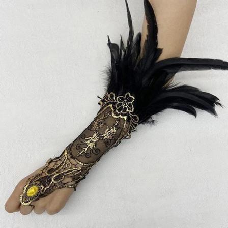 Naturlige fjærgullspiss lange hansker kvinner fest sexy fingerle Black