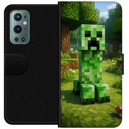 Kompatibelt Plånboksfodral till OnePlus OnePlus 9 Pro Block-baserad Creeper-figur i en grön pixell värld, ikonisk spelillustration för barnrum, ga