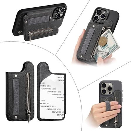 Wallet Case, meget skridsikkert læder, stødsikkert telefoncover med kortslot bagpå, RFID-blokering, mat cover, sort