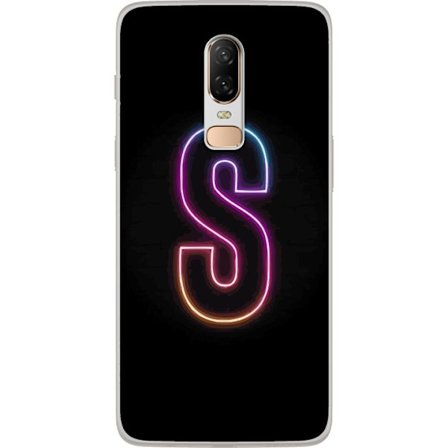 Yhteensopiva Puhelinkuori OnePlus OnePlus 6 Neonkirjain S kirkkaissa pinkissä ja sinisissä sävyissä tummaa taustaa vasten, siisti kirjaintaide ret