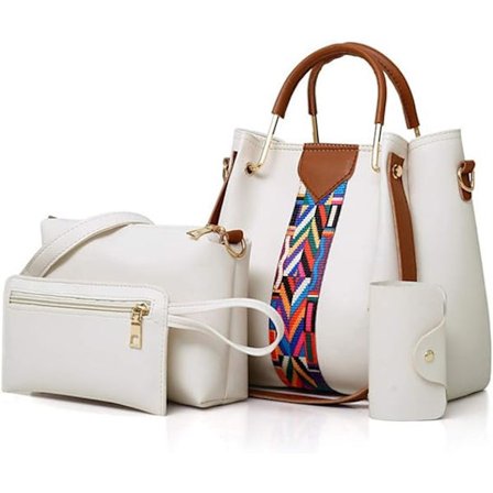 Damehåndveske Sett 4 i 1 Mykt PU Lær Topphåndtak Veske, Tote Veske, Skuldertasker Crossbody Veske Lommebok Veske Sett Hvit