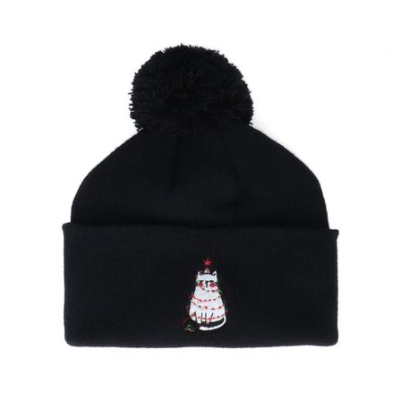 Ho-Ho-Hats - Svart pom Beanie - Kids Christmas Tree Cat Black Pom Pom Beanie - Iconic @ Hatstore