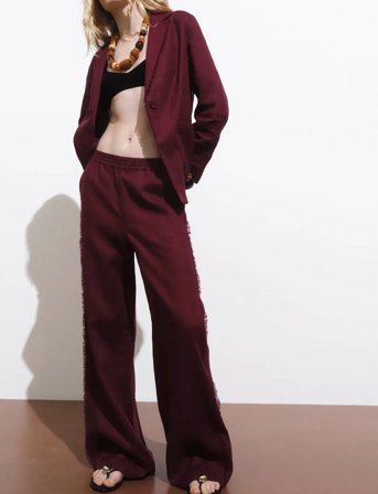 Mango Linen Suit Trousers With Frayed Ends - Burgundy - S